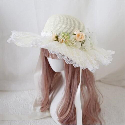 Mori Girl Flower Lace Ribbon Lolita Straw Hat Elegant Princess Flower Lolita Flat Cap Beach Cap B1798