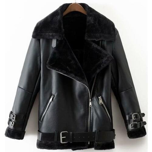 PUWD Vintage Woman Faux Leather Coat with Fur Fad Vogue Ladies Winter Thick Motorcycle Outwear Female Cool Warm Zipper Jacket