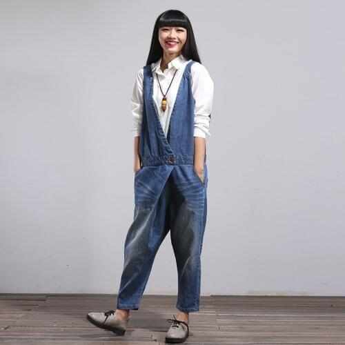Women Korean Overalls Denim Jumpsuits Jeans Female Denim Harem Pants One Button Trousers Bleached