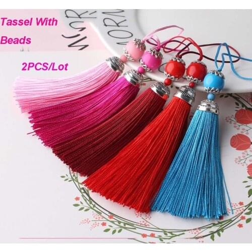 2pcs/lot Silk with Beads Pendant Tassel Fringe Sling Decor Tassels Trim For Wedding Decor Curtains Home SewIng jewelry Accessor