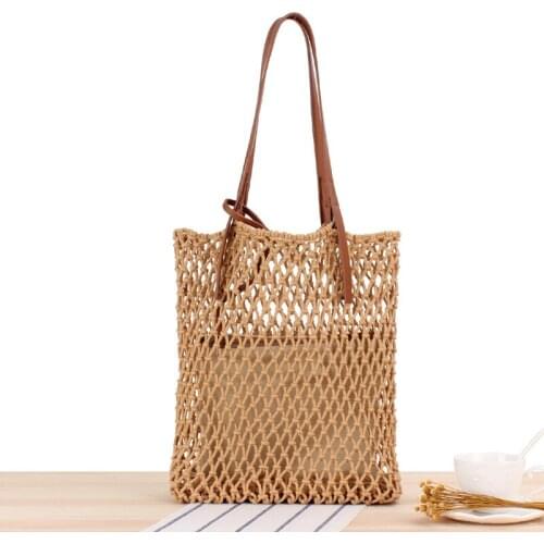 30x35CM New Solid Color Leather Handle Handbag Woven Bag Natural Style Handmade Cotton Rope Net Bag Vacation Beach Bag a7175