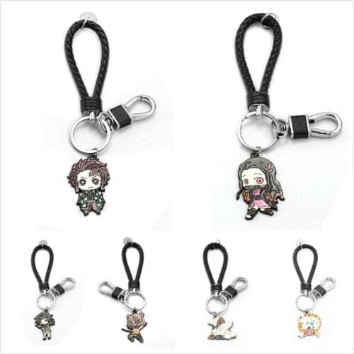 Demon Slayer Kimetsu no Yaiba Keychain Tanjirou Leather Metal Pendant Chaveiro Car Key Chain Men Anime Jewelry llaveros