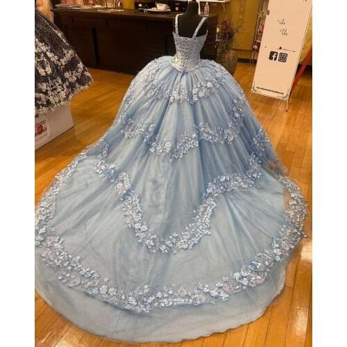 2021 Sky Blue Ball Gown Quinceanera Dresses 3D Flowers Beads Lace Applique Sweet 15 16 Dress Party Wear Xv Años