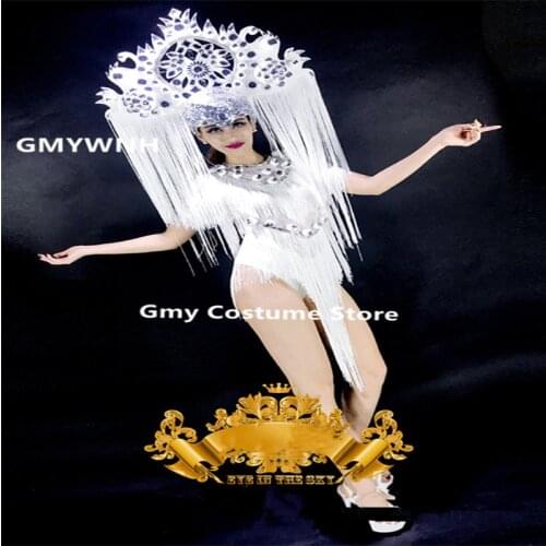 BC81 White color women bodysuit ballroom dance stage show costumes singer performance wears headwears disco outfit dress clothe