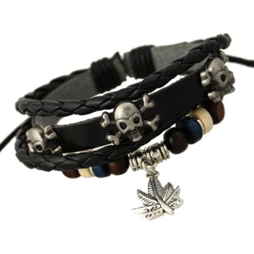 Punk Rock Skull Black Bracelet Alloy Maple Leaf Beads Charms Multi-layer Leather Bangle Fashion Gothic Wristbands Biker Jewelry