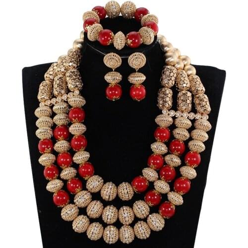 Fantastic Red and Gold Wedding Jewelry Set for Women African Beaded Necklace Set Dubai Bridal Jewellery Set WE179