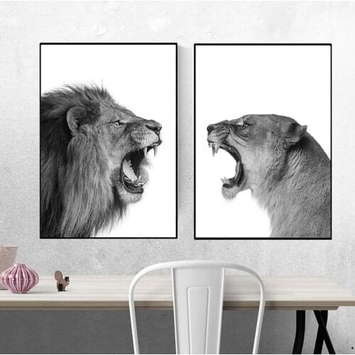 Lion and Lioness Canvas Painting Black White Woodlands Animals Posters and Prints Wall Art Pictures for Living Room Home Decor