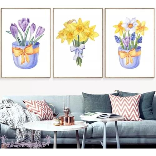 Watercolor Yellow Blue Purple Flower Basket Canvas Painting Nordic Posters and Prints Wall Art Picture Room Home Decoration