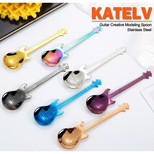 Creative Stainless Steel Colorful Guitar Shaped Tea Coffee Ice Cream Spoon