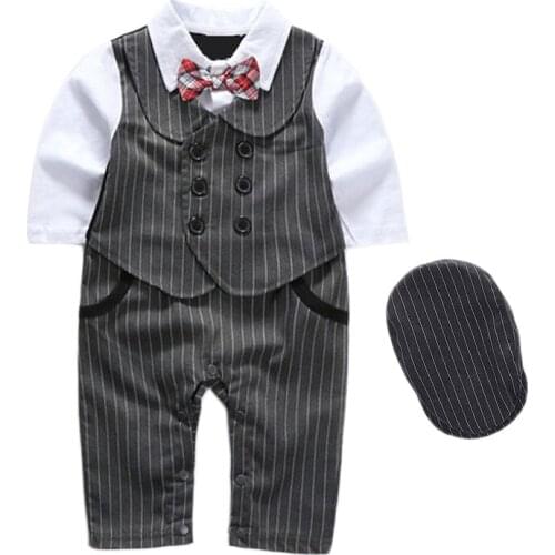 Newborn Baby Boy Romper Bow Hat Clothes Striped Boys Hat Romper 2 Piece/set Long Sleeve Formal