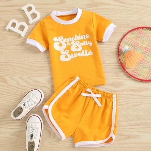 2021 Girls Clothes Set, Letter Print Short Sleeve O-neck T-shirt + Solid Color Side Split Shorts