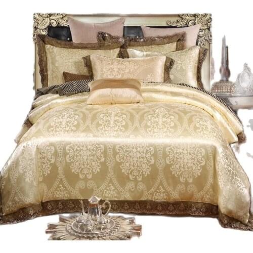 Beige Lace Bedding Set 4pcs Jacquard Satin Duvet Cover Bed Sheet Pillowcase Queen King Size Silk Cotton Bedclothes Bed Set