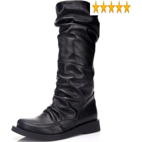 Leather High Round Genuine Toe Slip On Personality Vintage Pleated Cowhide Mid Calf Solid Casual Women Wedges Boots