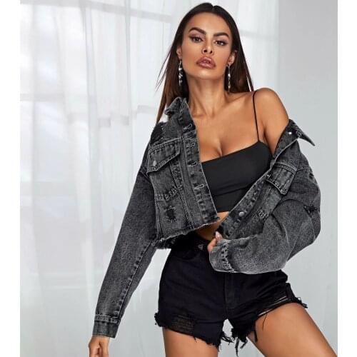 Fashion Womens Denim Coat 2021 Autumn Winter New Style Burr Hole Short Personalized Washing Jacket