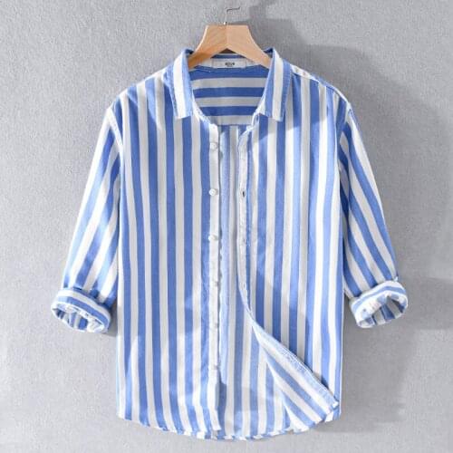Three-quarter sleeve striped men brand shirt cotton blue shirts for men comfortable shirt mens overhemd camisa
