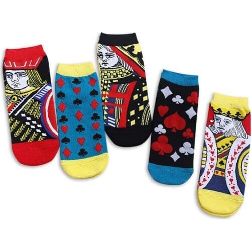 2021 5 Pairs Women Unisex Elastic Short Crew 5pairs Poker Face Pattern cotton Socks