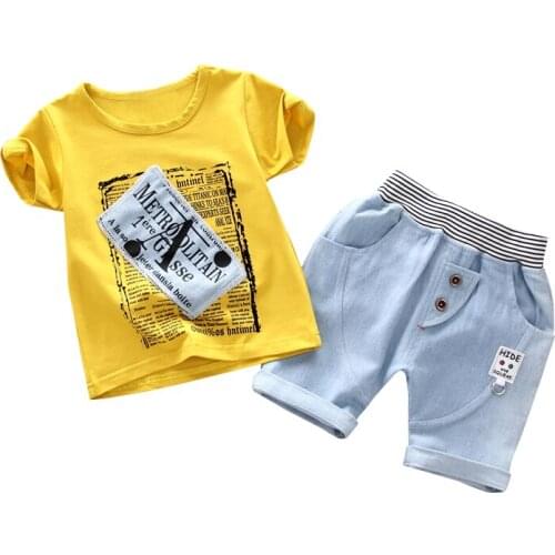 New Children Cotton Clothes Summer Baby Boys Print O-Neck T Shirts Denim Shorts 2Pcs/sets Infant Kids Fashion Toddler Tracksuits