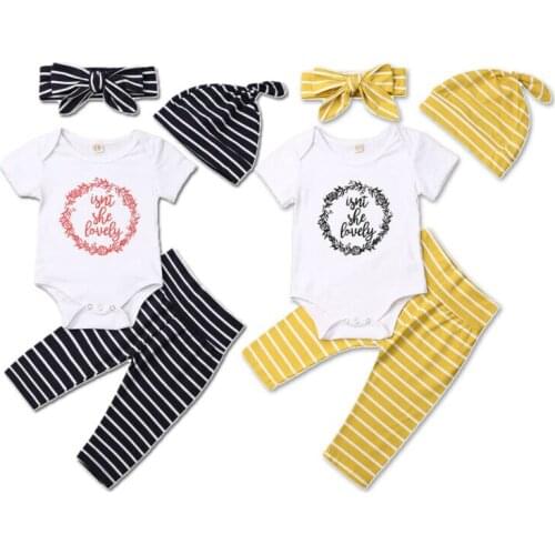 Girl Clothes Newborn Toddler Kids Baby Boy Girl Clothes Tops Letter Print Bodysuit+ Striped Pants +Hat +Headband Outfits Set