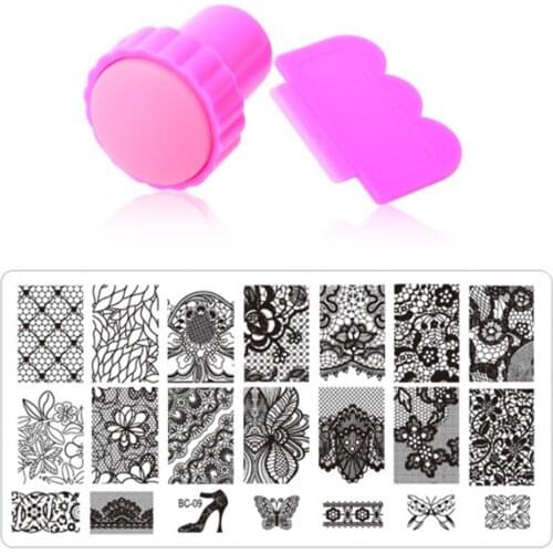 Nail Stamping Plates + Stamper + Scraper Set Stainless Steel Stemping Plate Stencils for Nails Manicure Template Nail Art Tools