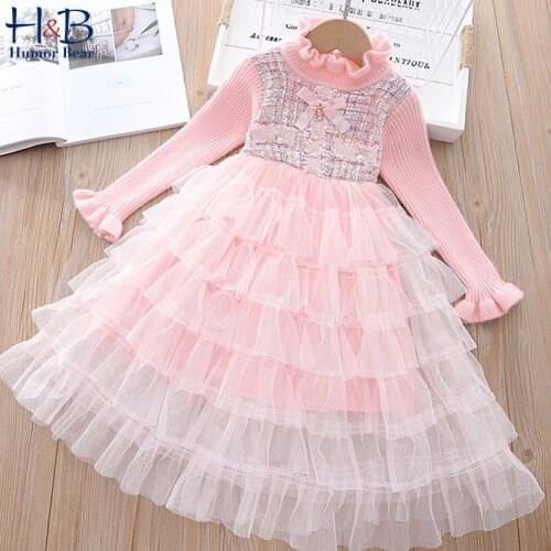 Humor Bear Girls Sweater Dress NEW Autumn Long Sleeve Mesh Yarn Ptchwork Priness Cake Warm Knitted Dress Toddler Clothes