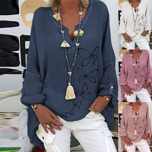 5xl Plus Size V-neck Shirt Casual Butterfly Print Blouse Spring Long Sleeve Loose Tunic Top Vintage Clothes Shirts For Women Топ