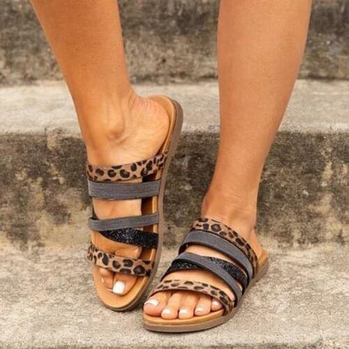 SAGACE Summer Womens Large Size Beach Flat Leopard Print Open Toe Sandals Beach Slip On Slides Brand Design Sandals & Slippers