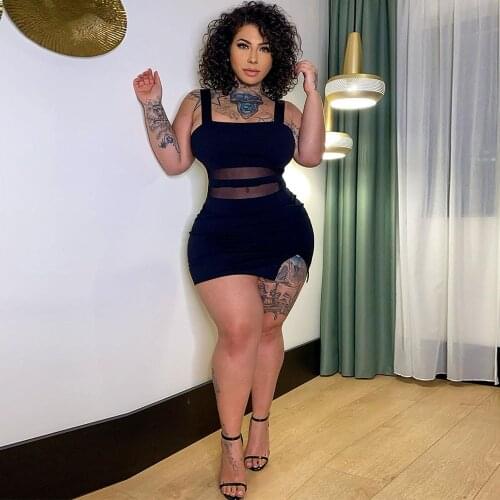 S-4XL Plus Size Sheer Mesh Bandage Sundress for Women Spaghetti Strap Sleeveless Slim Fit Dress Summer Night Club Party Vestido