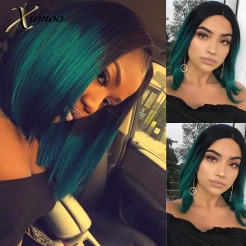Xumoo Ombre Green Pink Short Bob Synthetic Wigs Natural Straight 13X4 Lace Front Wig Heat Resistant Bob Wig For Daily Women