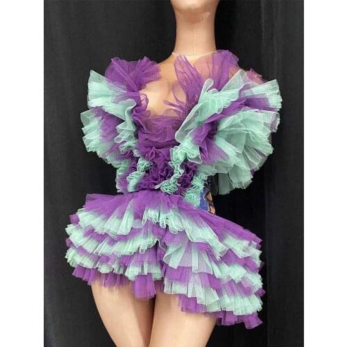 Sexy Nightclub Stage Wear Tulle Dress Bar DJ Dancer Singer Performance Clothing Rave Outfit Jazz Gogo Dancing Bodysuit VDB3829