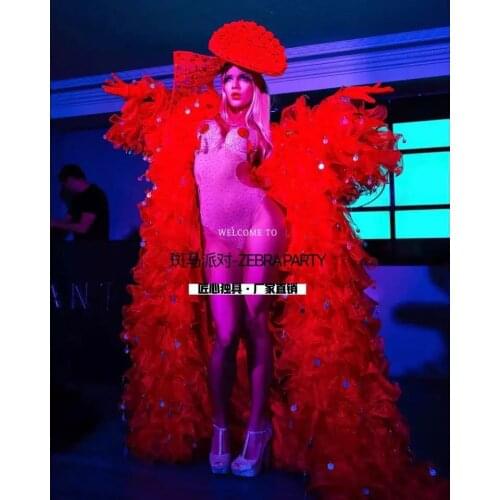 Party girl gogo nightclub bar stage dance costume Valentines Day red big cloak for show costumes customized clothing