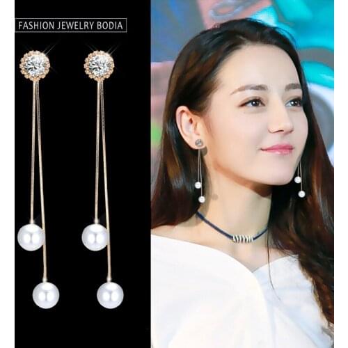 S925 Needle Zircon Crystal Imitation Pearl Tassel Long Earring Female Temperament Korean Design Personality Ear Line Jewelry