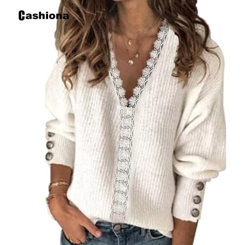 Plus size 3xl Women Elegant Leisure Casual T shirt Patchwork Lace Womens Knitting Top Vintage 2021 Spring Autumn Shirt Femme