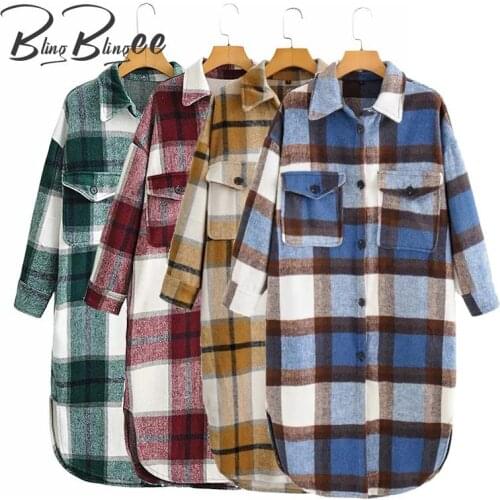 BlingBlingee Autumn Winter Checked Longline Loose Shirt Drop Shoulder Single Breasted Patch Pockets Women Plaid Jacket Coat 2021