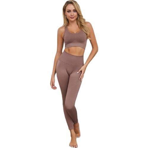 Women gym clothing solid workout set 2pcs seamless Yoga set knitted sports fitness top gym leggings high waist women sportwear