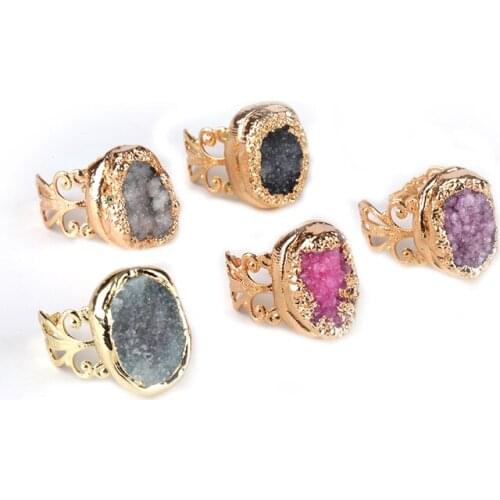 2019 New Style Golden Frames Metal Alloy Natural Druzy Stone Semi Precious Gem Stone Accessories Open Jewelry Rings for Women