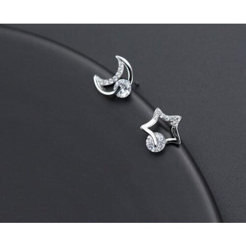 MloveAcc 100% 925 Sterling Silver Tiny Moon Star Cute Stud Earring for Women Daughter Silver Crystal Fashion Jewelry Gift Brinco