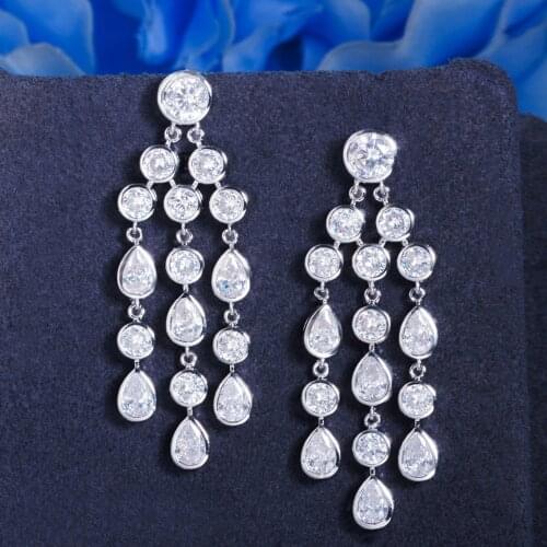CWWZircon White Gold Color Cubic Zirconia Long Dangle Tassel Water Drop Chandelier Wedding Earrings for Women Bridal Party CZ932