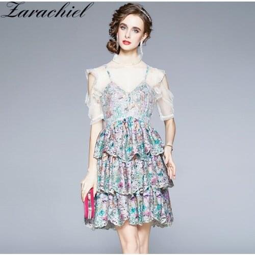High Quality Summer Runway Floral Embroidered Patchwork Dresses Women Short Sleeve Hollw Out Cascading Ruffles Party Vestidos