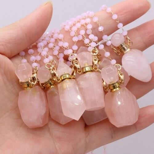 Natural Rose Quartz Perfume Bottle Pendant Necklace Women Essential Oil Diffuser Fashion Round Chain Necklace Length 80cm