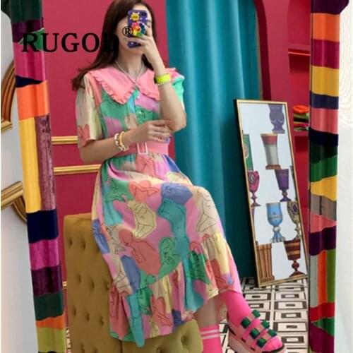RUGOD Korean Chic Dress Women Sweet Peter Pan Collar Hit Color Pattern High Waist Maxi Vestidos Female Fashion Tide Robe 2021