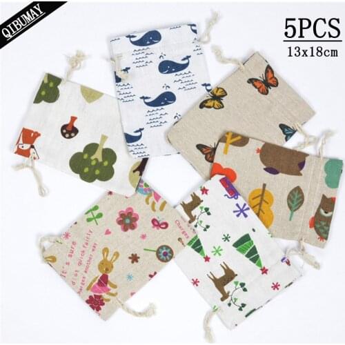 QIBU 5pcs Line Jute Gifts Bags 13*18cm Printed Drawstring Pocket Christmas Birthday Party Accessories DIY Crafts Storage Bags