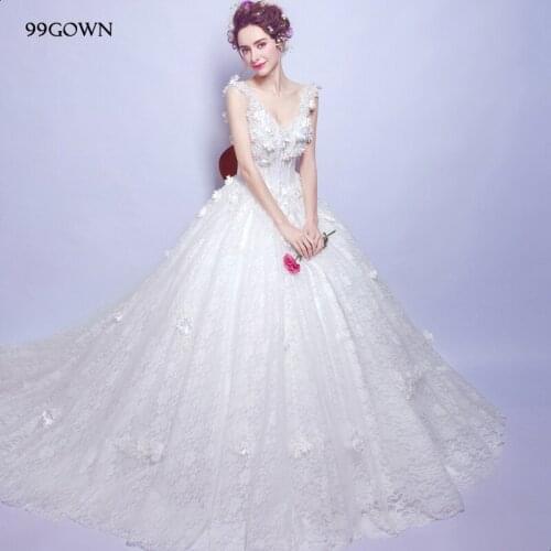99GOWNElegant Long Dress For Wedding Sexy V-Neck Backless A-Line Satin Handmade Flower Bridal Dress Wedding Gown