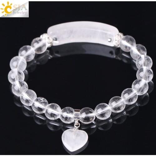 CSJA Reiki Boho Natural Gem Stone White Clear Quartz Rock Crystal Bracelet for Men Women Lover Heart Pendant Chakra Jewelry F277