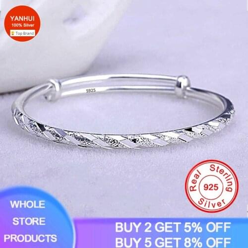 Silver 925 Bangle Trendy Simple Adjustable Open Bangles & Bracelets Wristband Cuff Bracelet For Women Girls Child Gift
