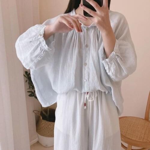FairyNatural 2021 Spring Summer Retro Linen Shirts For Ladies Solid Color Female Loose Three Quarter Sleeve Tops