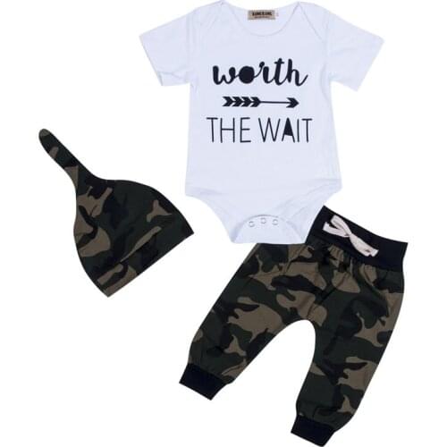 Toddler Baby Boy Clothes Set Infant Newborn Kid Outfit THE WAIT Cotton Bodysuit Camo Pants Hat Children Clothing Set