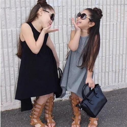 Summer 2019 Newest Girls Dresses Black Gray Irregular Hem Rotary Party Dress Sleeveless Cotton Solid Dress Kids Clothes Vestidos