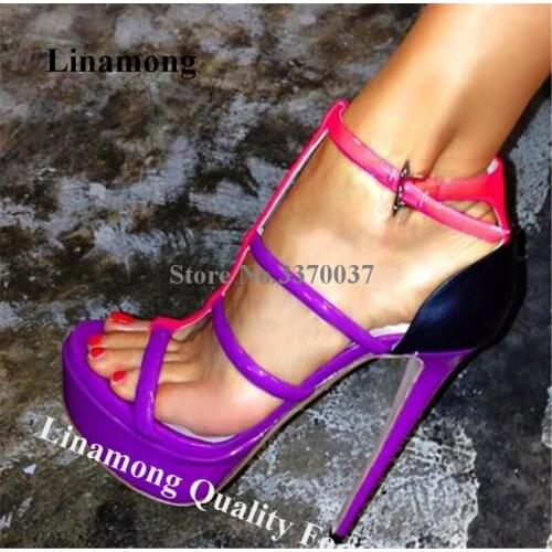 Linamong Sexy Thin T-straps High Platform Stiletto Heel Sandals Purple Rose Red Blue Mixed-colors High Heel Sandals Dress Heels