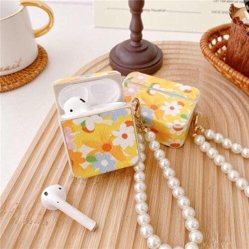 Autumn Flower Leather Protection Case for Airpods 1 2 Case Charging Anti-fall Cover for Airpod Pro Luxury Pearl Style Bracelet