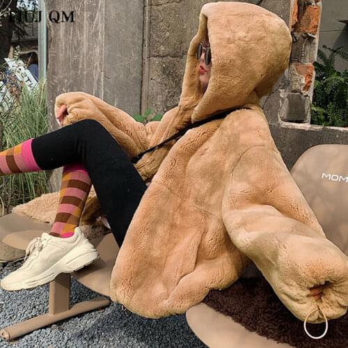 Oversize Parkas Womens Winter Fur Jacket Female Loose Faux Rabbit Fur Zip Hooded Thicken Short Fur Coat Thick Furry Warm Jacket